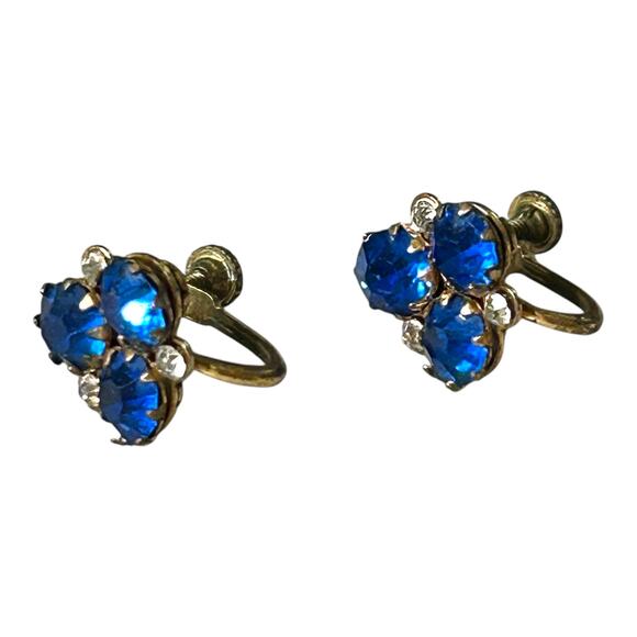 Vintage Coro Blue and Clear Rhinestones Cluster Screw Back Earrings Mid Century - Picture 3 of 6